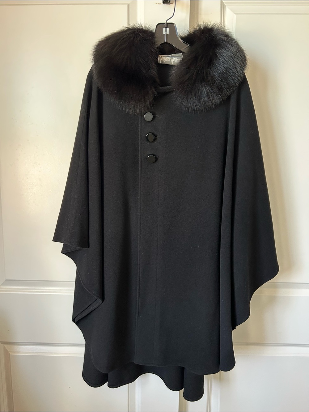 Neiman Marcus Black Wool Fox Fur Cape Coat
